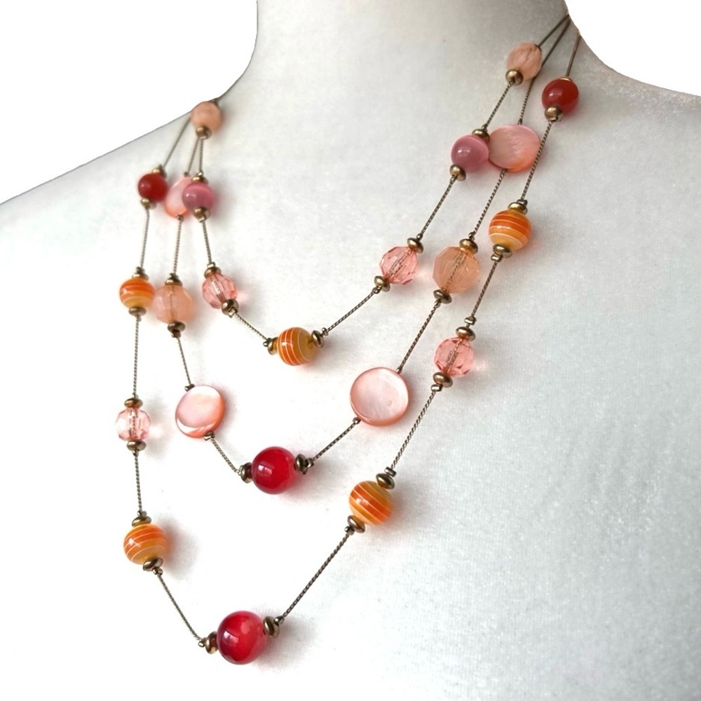 Triple Strand Shell Glass and Lucite Gold Tone Necklace